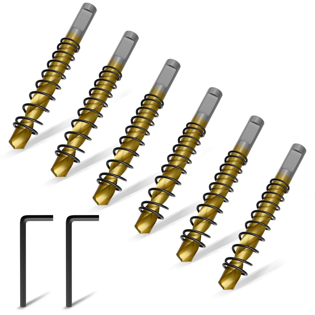 Pilot Drill Bits for Hole Saws, 6 PCS, M2 Steel 15/64"×2-11/16"(6-68mm) Titanium Coated Each one with a Spring, Plus Two Wrenches. Suitable for Drilling Center Holes in Iron, Wood, Steel, and Plastic