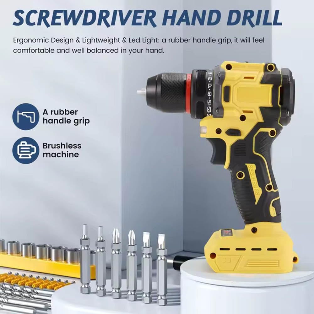 Brushless Drill Driver Compatible for Dewalt 20V Battery (No Battery), Cordless 2 Speed (0-450/1800RPM), 25+1 Torque, 3/8" Keyless Chuck for Home Repair