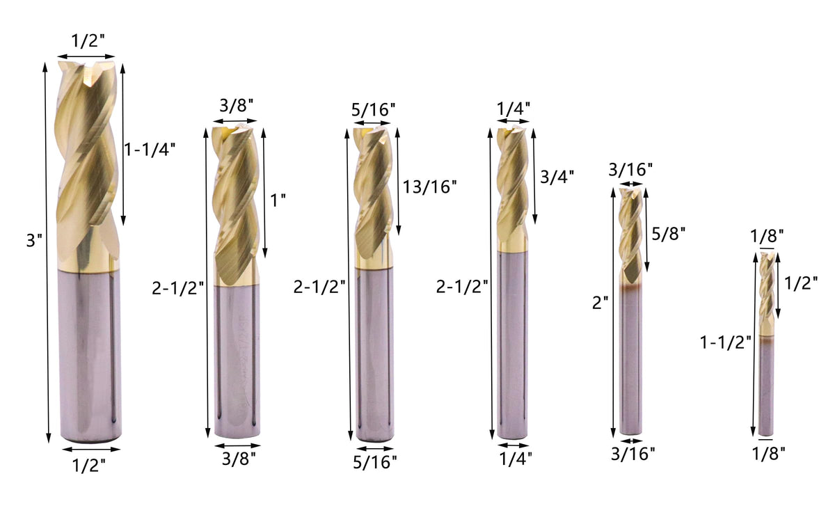 6Pcs 3 Flute 1/8"-1/2" Solid Carbide End Mills Set for Aluminum, ZrN Coated