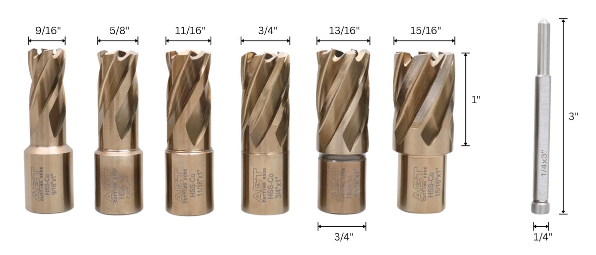 Accusize Industrial Tools 9/16" to 15/16", 7 Pc M35(H.S.S. Plus 5% Cobalt) Annular Cutter Set, 3/4'' Weldon Shank, 1'' Cutting, a Pilot, AC01-1000