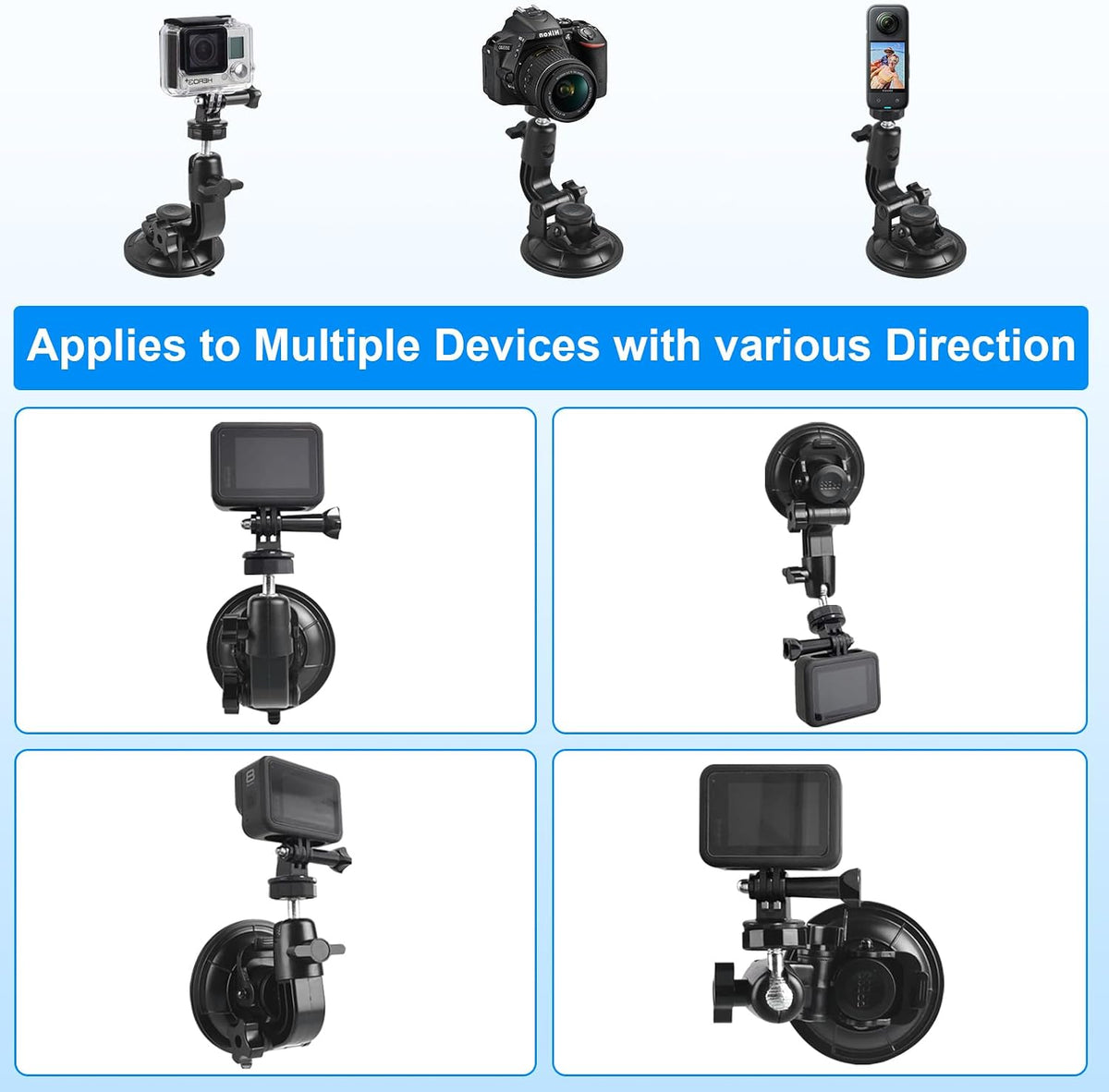 Dash Cam Suction Cup Mount Windshield Camera Holder Stand 9CM with Phone Bracket for GPS Driving DVR Action Camcorder