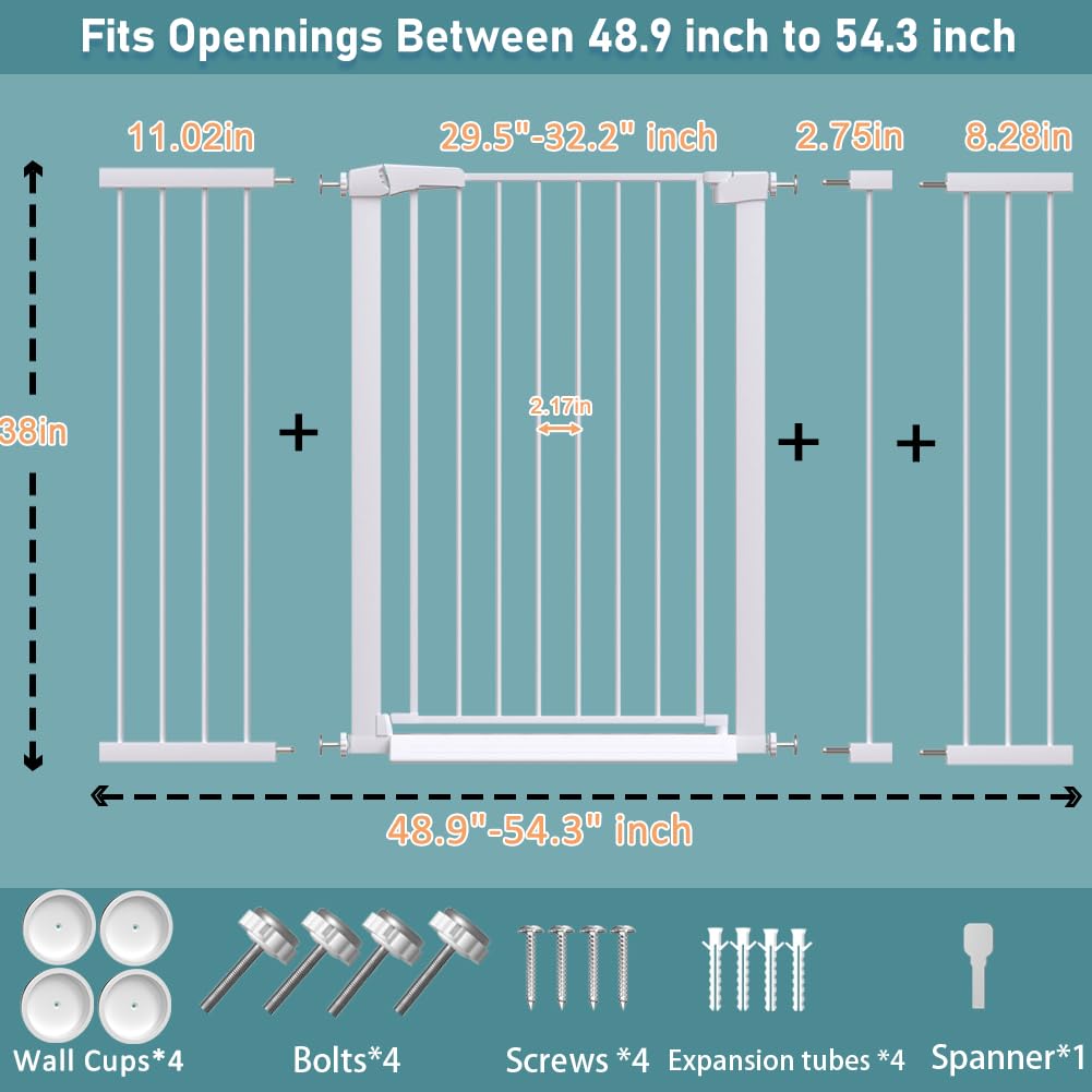 38" x 48.9-54.3" Extra-Tall & Extra-Wide No-Drill Pressure-Mounted Pet & Child Safety Gate with Auto-Close Walk-Through Door for Stairs, Hallways & Wide Doorways
