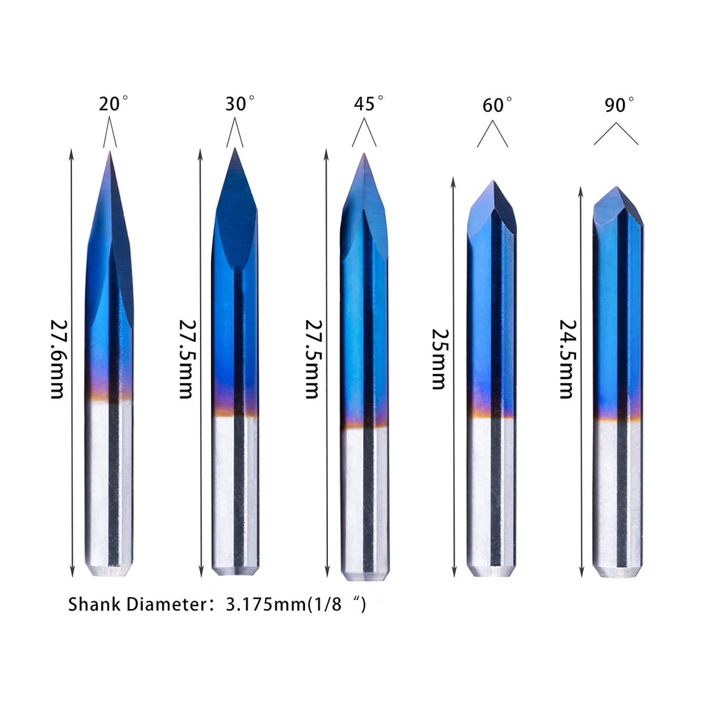 FoxAlien 1/8” Shank CNC Router Bits Kit for All Purpose, Triangular Engraving Bits, Spiral End Mills, 2-Flute Flat Nose and Ball Nose End Mills Cutter for Milling Machine Wood Plastics PVC Engraving
