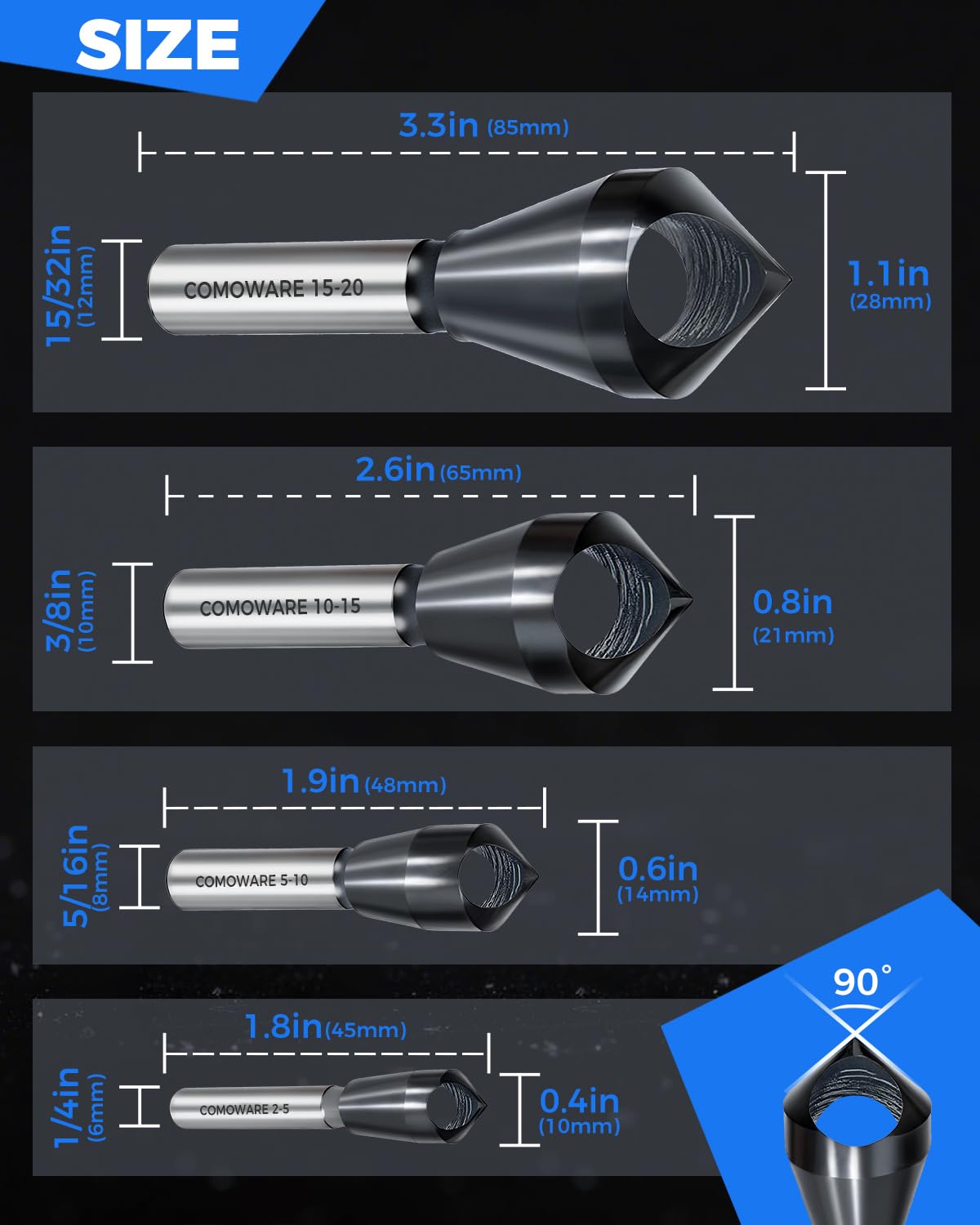 COMOWARE 4pcs TiAIN Coated Chamfer Tool M35 Chamfer Bit 90-Degree Countersink Drill Bit Set for Wood & Metal, Heavy Duty Countersink Bit SAE 1/4"-3/4", 2-5, 5-10, 10-15, 15-20mm