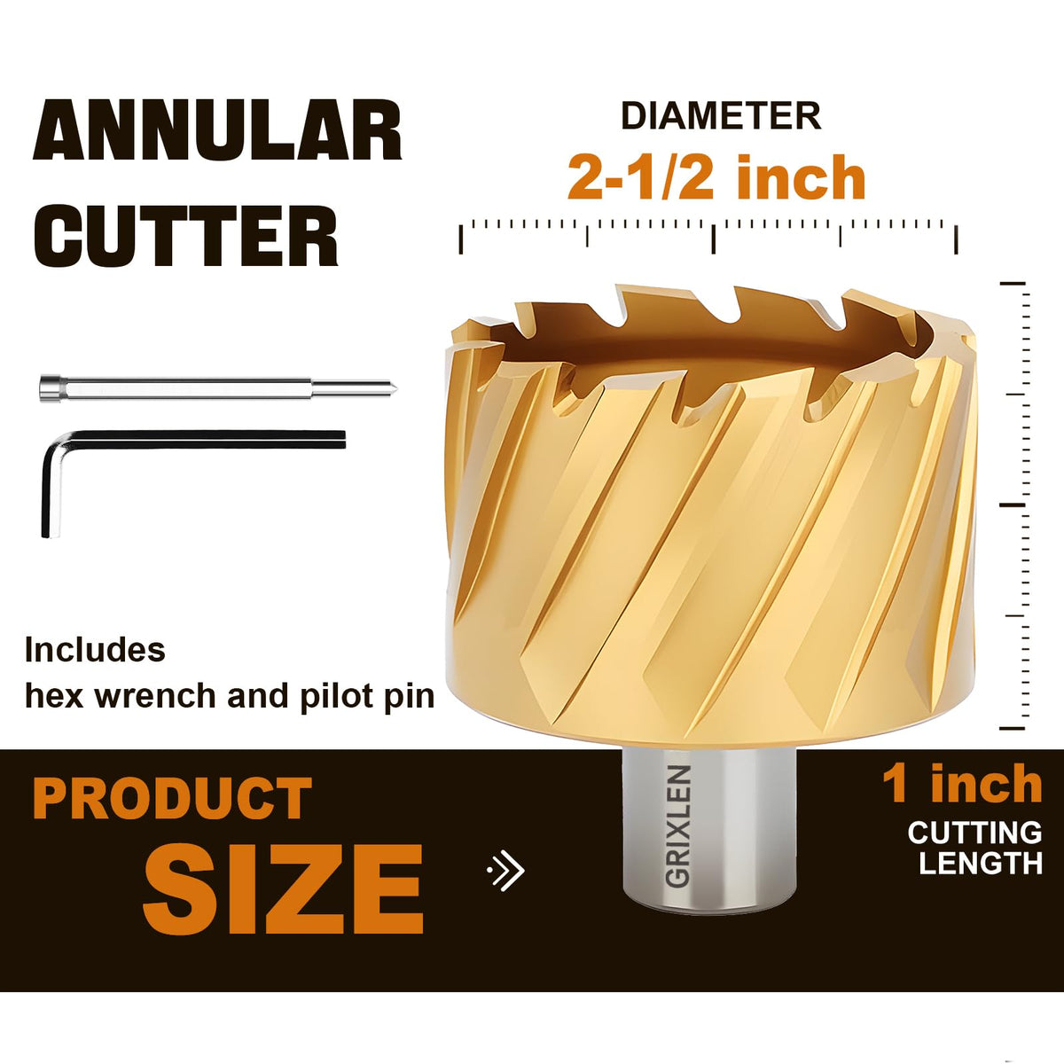 GRIXLEN 2-1/2"x1 HSS Annular Cutter，Diameter 2-1/2"，Cutting Depth 1"