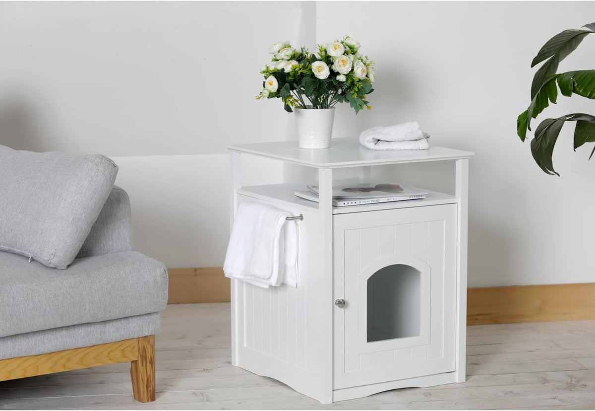 Cat Washroom Litter Box Cover/Night Stand Pet House, Glossy White