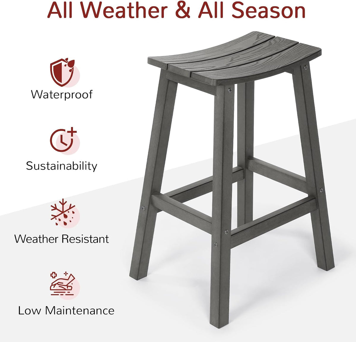 All-Weather Bar Stools Set of 2, 28" Outdoor Barstools, Never Rot or Fade, Low Maintenance HIPS Furniture for Bar