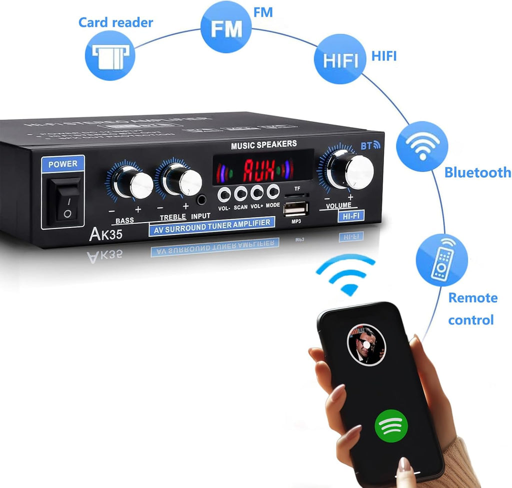 AK35 Stereo Amplifier Home Audio Bluetooth 5.0 Max 200W 2.0 Channel Mini Amplifier Stereo Receivers for Car, Home