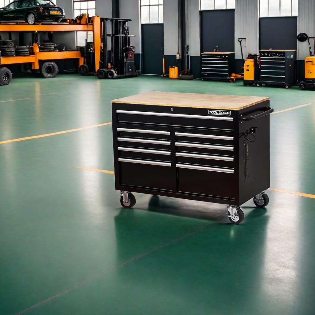 Rolling Large Tool Chest Extra-Deep 46-Inch 9 Drawers, Big Tool Chest with Drawers, Workbench with Wooden Top &