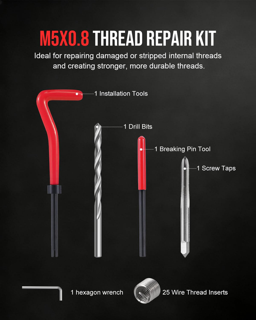 Kolvoii M5 x 0.8 Helicoil Thread Repair Kit, Metric Helicoil Kit