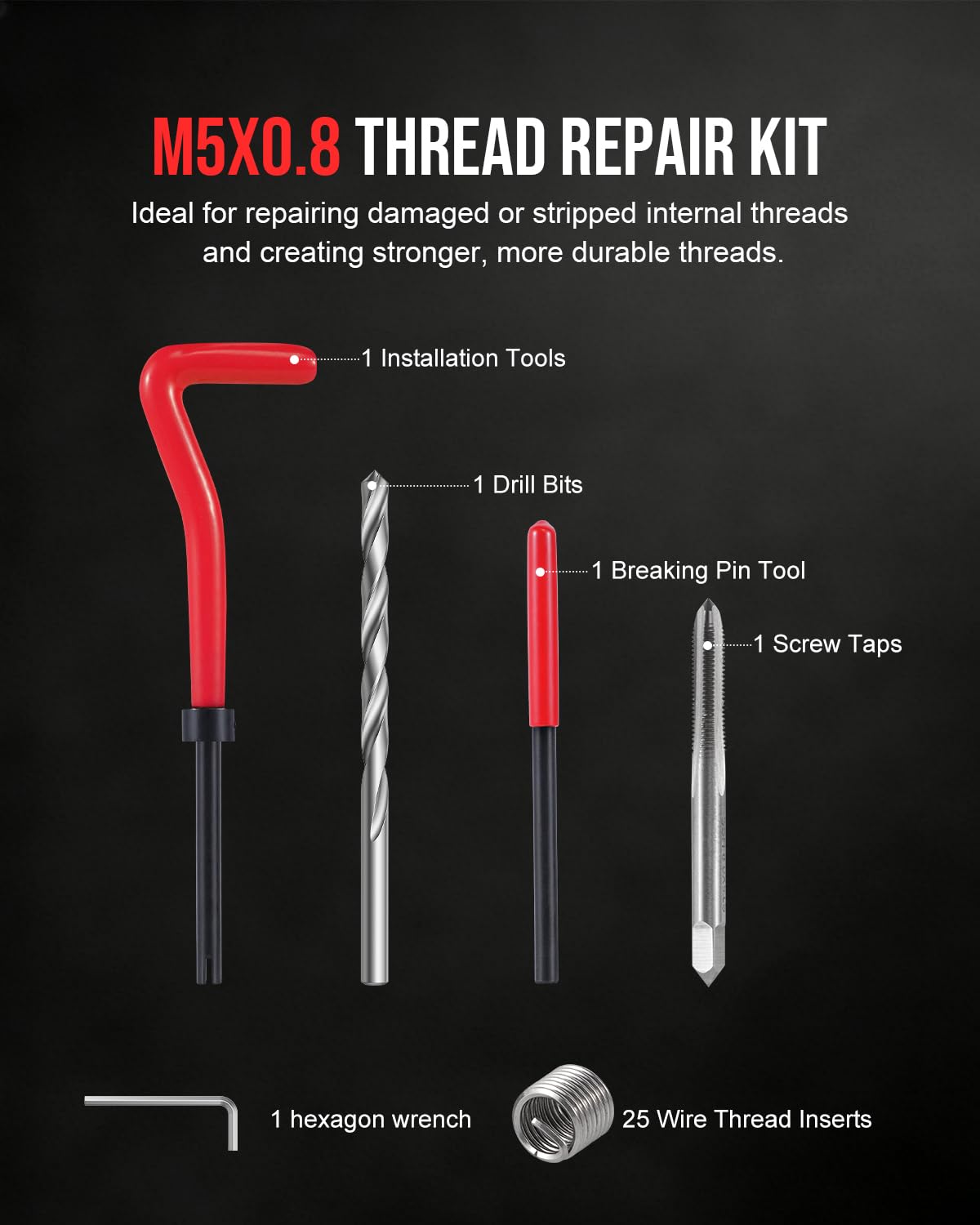 Kolvoii M5 x 0.8 Helicoil Thread Repair Kit, Metric Helicoil Kit