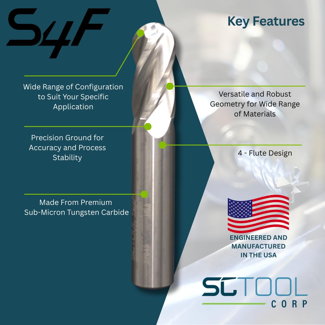 S4F 4-Flute 9/16" Carbide End Mill Ball Nose 1-1/4" LOC | Uncoated SCT30255