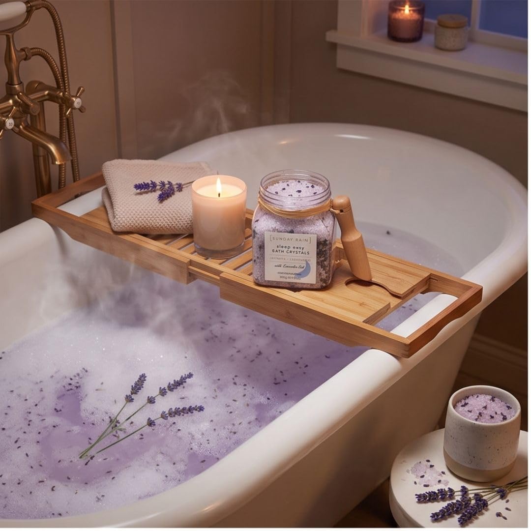 Sleep Easy Bath Crystals - Lavender and Cedarwood - Natural Bath Salts - with Lavender Oil - Includes Scooper - Vegan