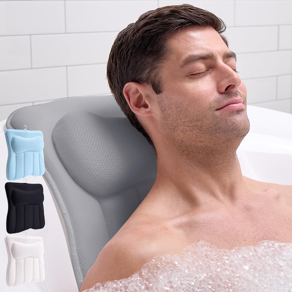 Bath Pillow for Tub, 6 Strong Suction Cups, 4D Mesh, Gray