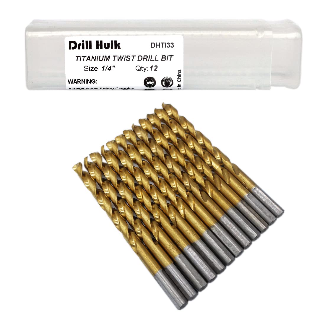 Pack of 12, 1/4-Inch Titanium Nitride Coated Drill Bit, Premium M2 High Speed Steel, Jobber Length, for Metal, Plastic, Wood