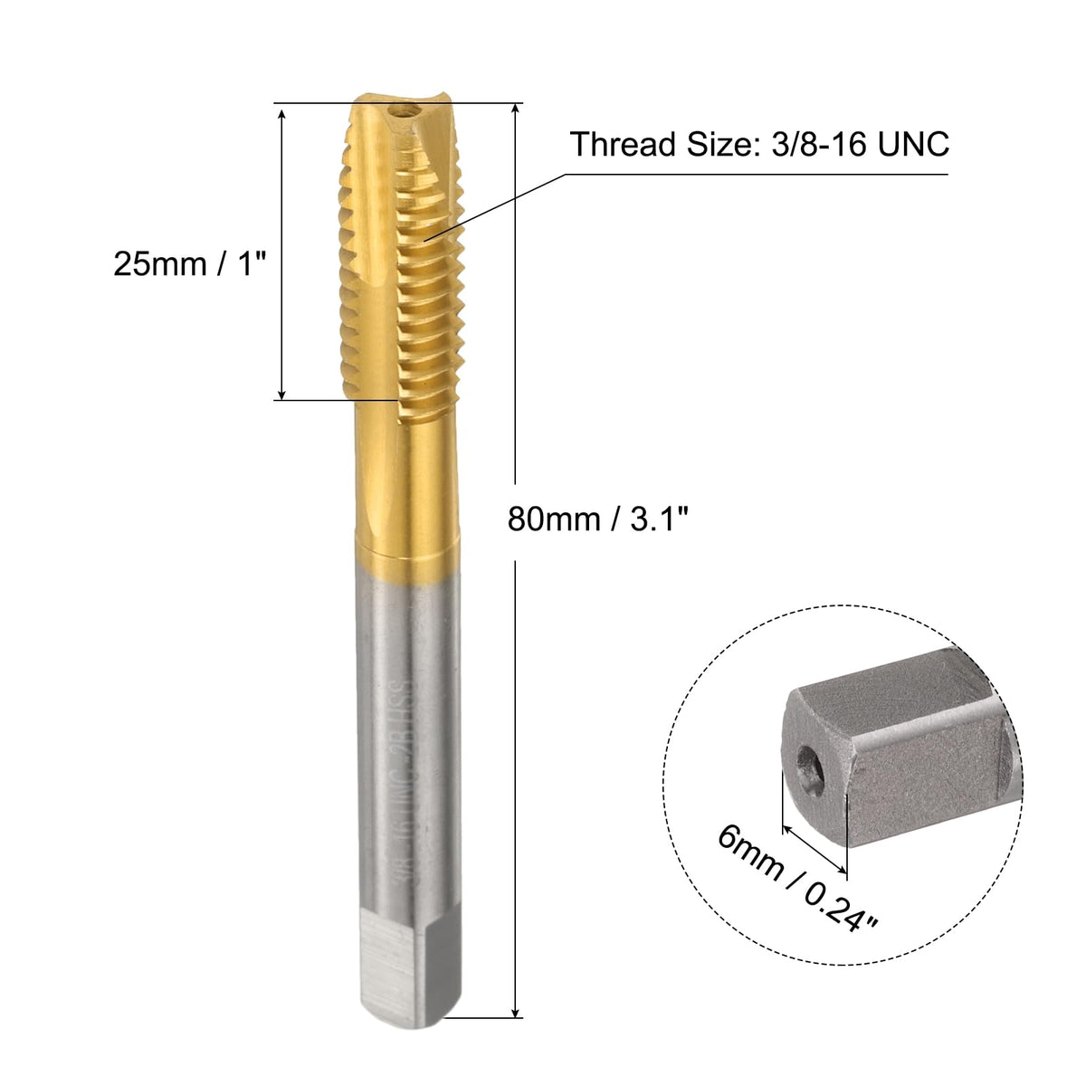 uxcell 3/8-16 UNC B2 Spiral Point Thread Tap, Screw Tap Threading Tapping Tool, Titanium Coated 6542 High Speed Steel Machine Taps Tapping Bit