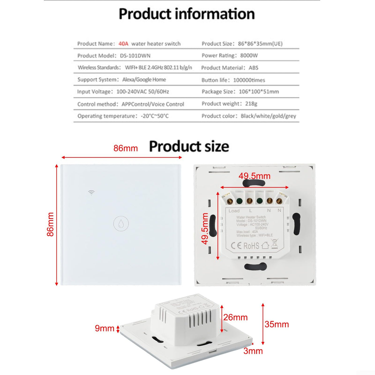 Smart WiFi Water Heater Switch 40A, For Tuya App Remote Control Touch Panel With Timer, For High Power Boiler AC, Glass Panel(black)