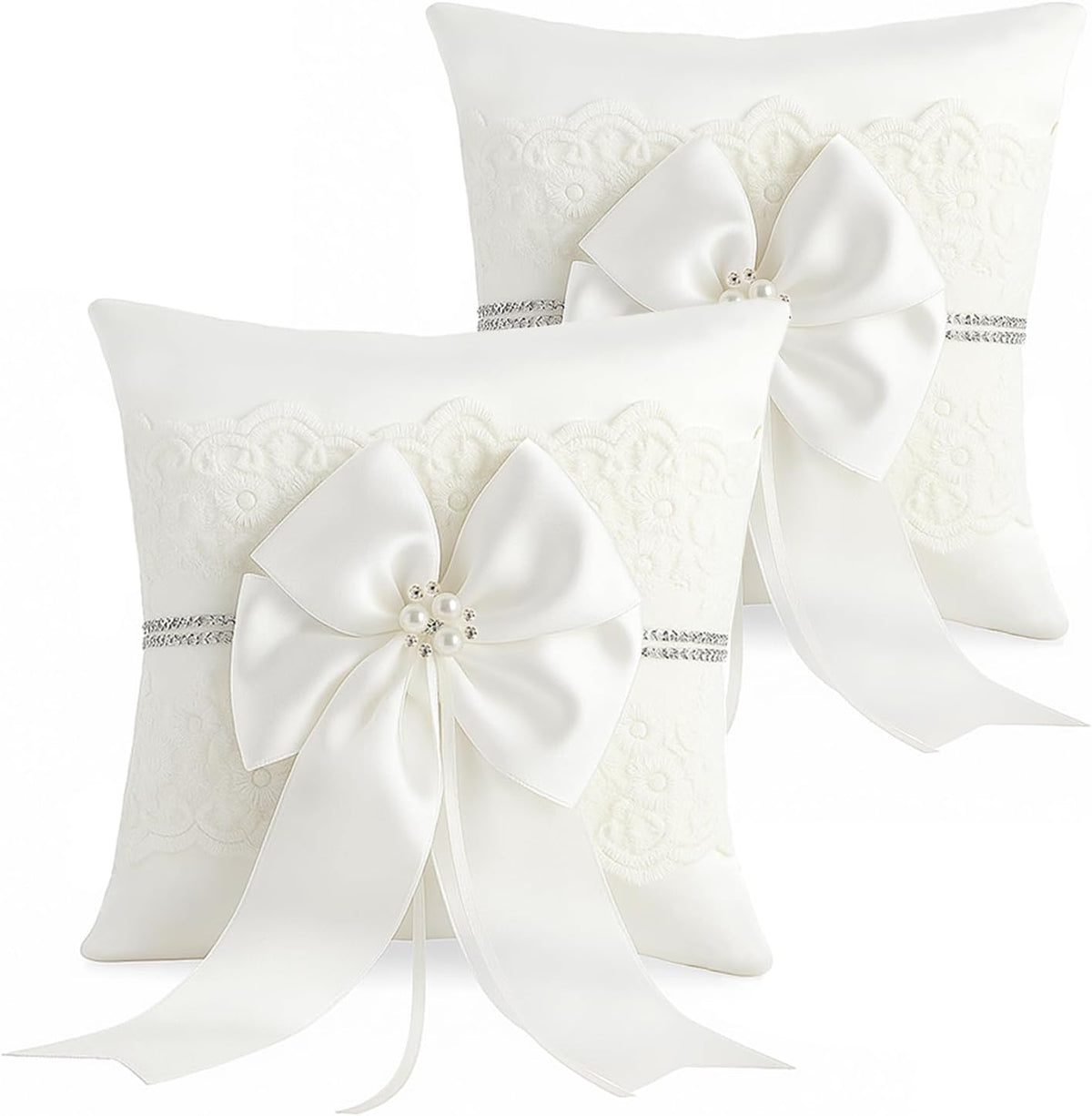 Wedding Ring Bearer Pillow: 8.2 x 8.2 Inch Ring Cushion with Lace & Pearl Bow – Ceremony Ring Holder for Flower Boy