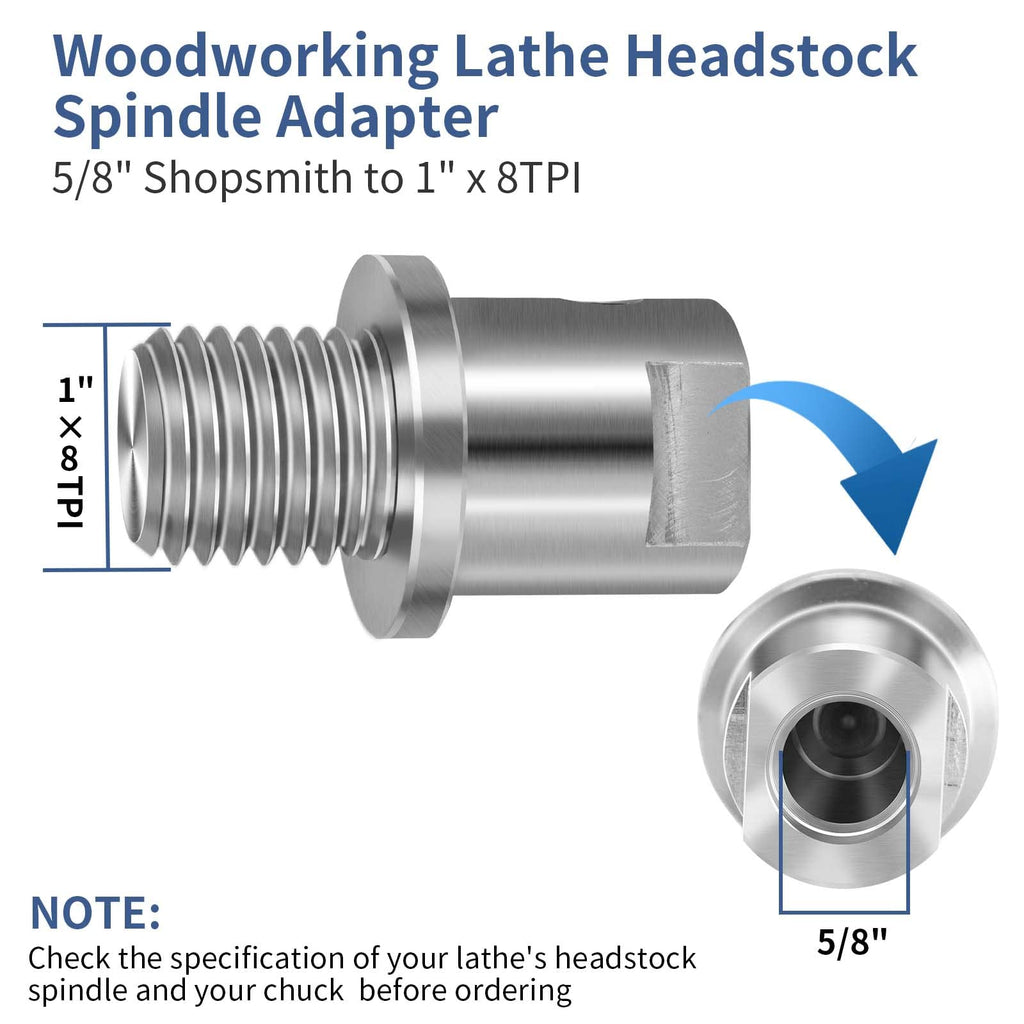 Woodworking Lathe Headstock Spindle Adapter Shopsmith 5/8" to 1" x 8tpi