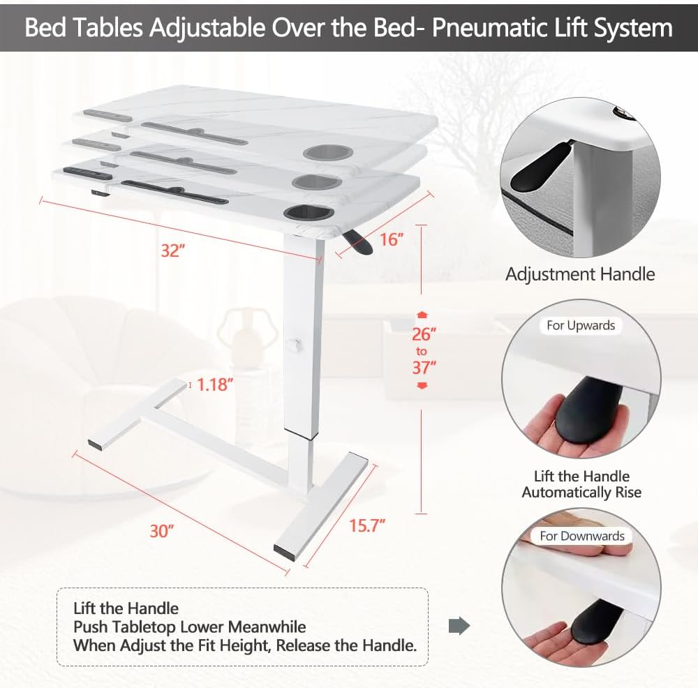Overbed Table with Wheels & USB,Pneumatic Height Adjustable Bedside Table
