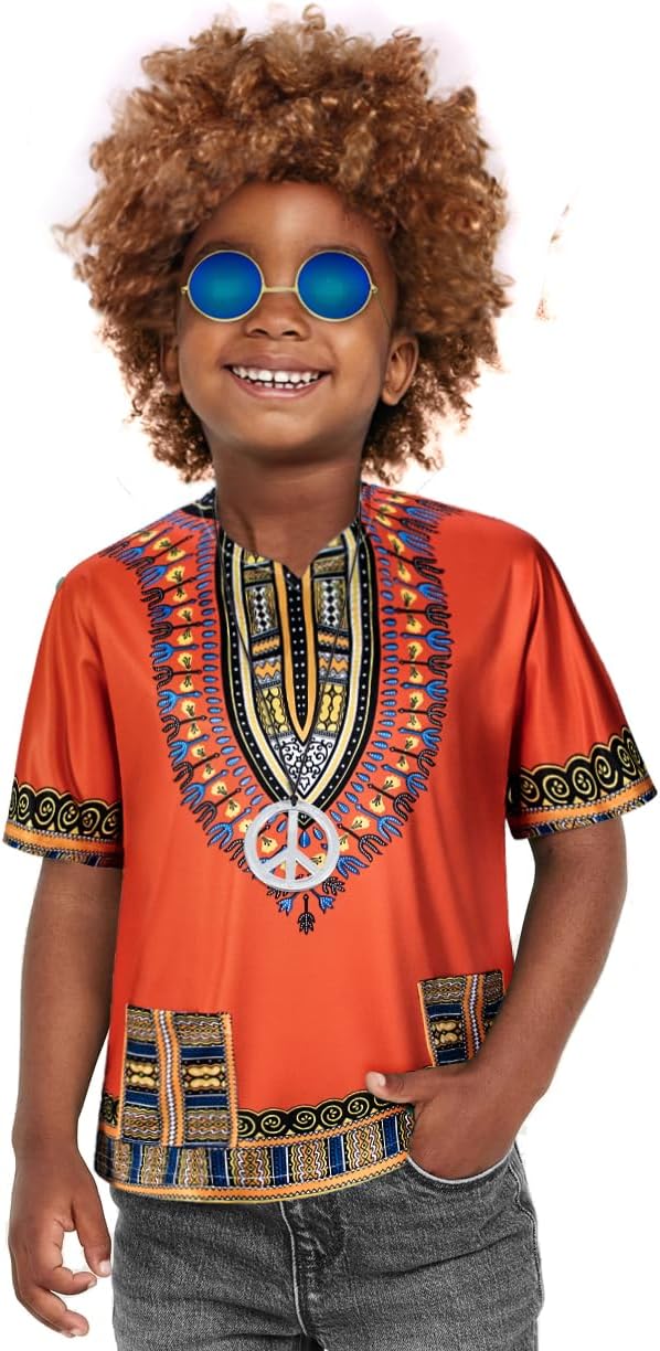 Kids Hippie Costume for Boys Girls 60s 70s 4 Pcs T-Shirt Afro Wig Set for Halloween Party Cosplay 3-12 Years