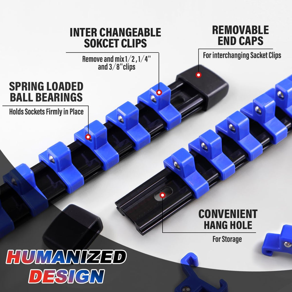 3-Pc Socket Organizer Rail Set, 43-Clip Socket Holder, 1/4, 3/8, 1/2 Drive