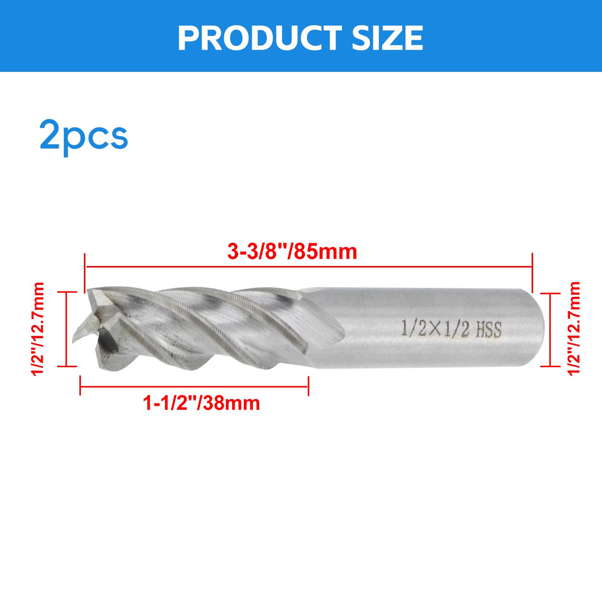 Rannb Square End Mill 1/2" Cutting Dia x 1/2" Shank Dia 4 Flute Straight End Mill Cutter - 2pcs