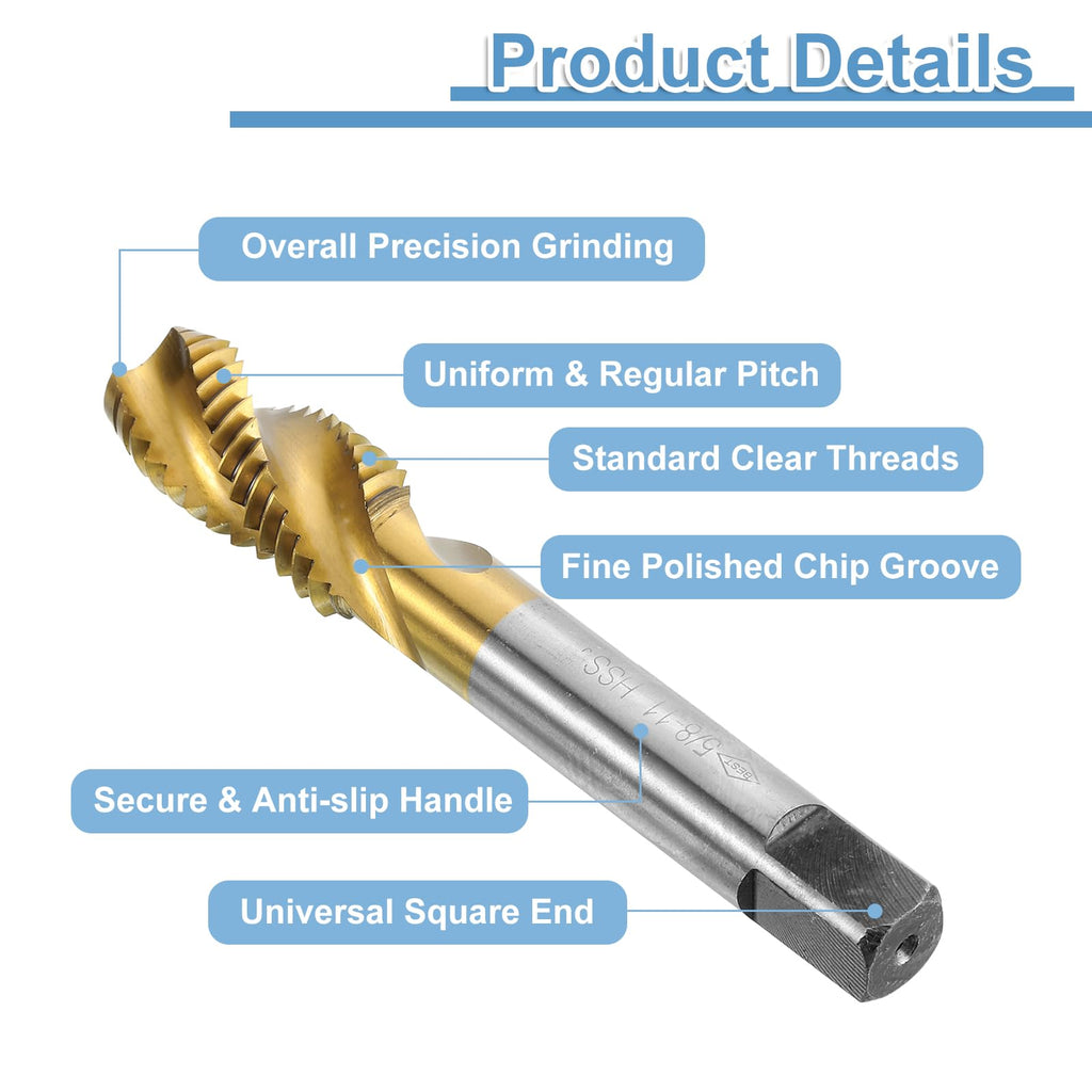 uxcell 3pcs Spiral Flute Thread Taps, 5/8-11 UNC H2 Screw Threading Tap, Titanium Coated 6542 High Speed Steel Machine Tapping Tools for Machinist Repair