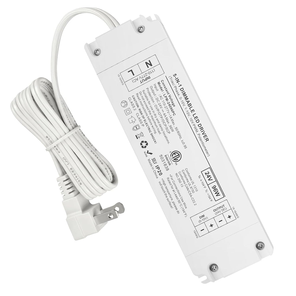 24V 96W 5-in-1 Dimmable LED Driver, 24V Dimmable Transformer ETL Certified