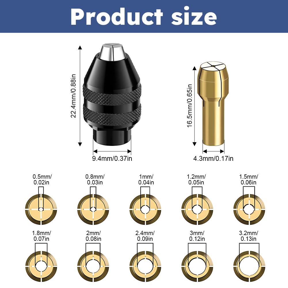28pcs Drill Chuck Collet Set for Dremel, 1/32" to 1/8" Shank Size Replacement Kit, with 2pcs British 4486 3-jaw Chucks, Quick Change Chuck Rotary Tool Adapter(COLOR:as shown)