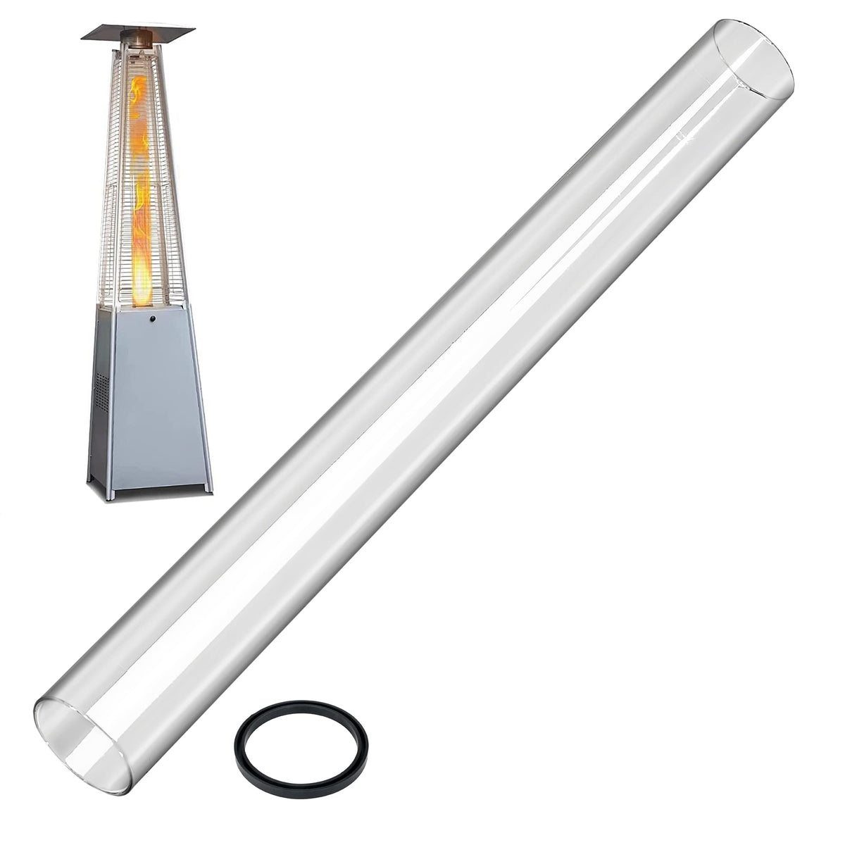 Patio Heater Glass Tube Accessory 49.5"x4" with Silicone Ring – Outdoor Heater Glass Tube for 4-Sided Pyramid Patio