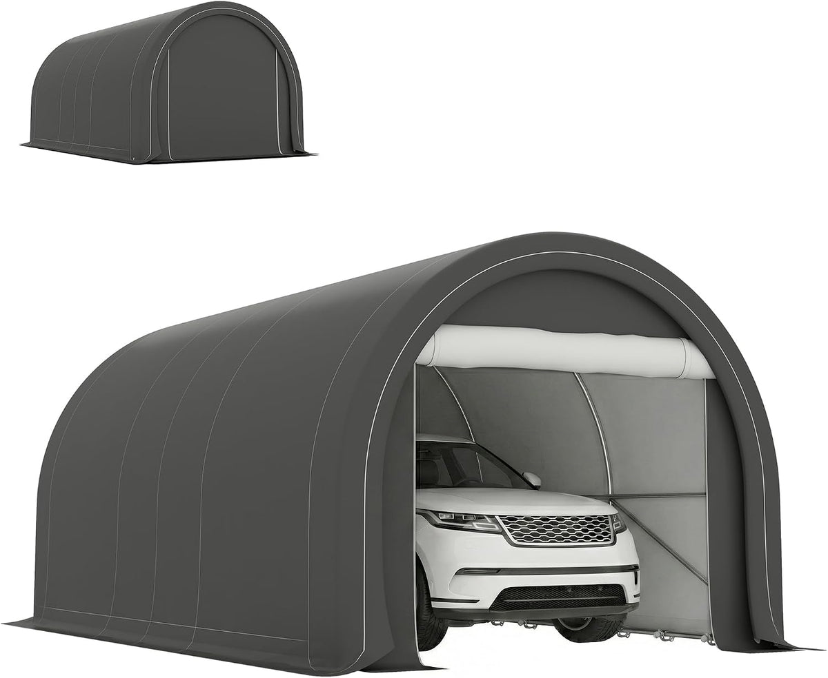 10' x 16' Carport Heavy Duty Portable Garage Storage Tent Gray | Large Zippered Door, Anti-UV PE Canopy Cover