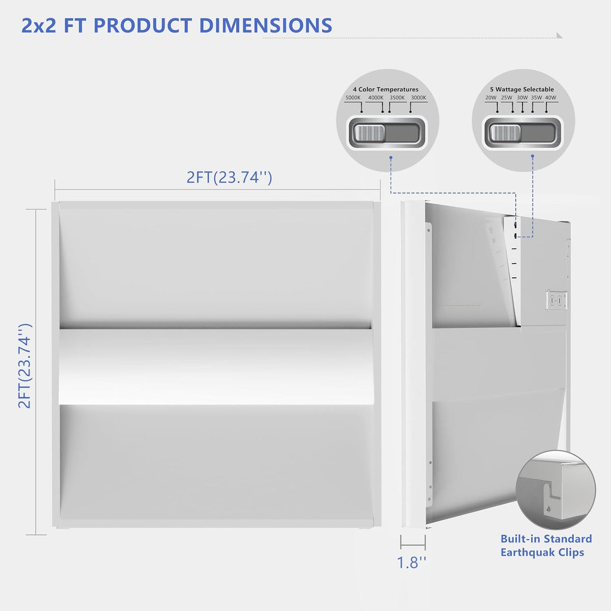 2x2 LED Troffer Light,Selectable 4CCT,5600 LM,0-10V Dimmable,4Pack