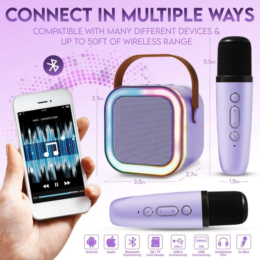 Karaoke Machine for Kids Adults, Portable Mini Bluetooth Speaker with 2 Wireless Microphones, LED Lights, Singing