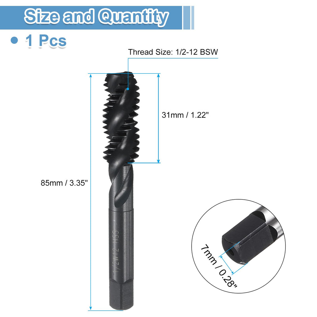 uxcell Spiral Flute Thread Taps 1/2-12 BSW H2 Machine Threading Tap Bit, Nitrided Coated Screw Tapping Repair Tool, M2 High-Speed Steel (HSS6542)