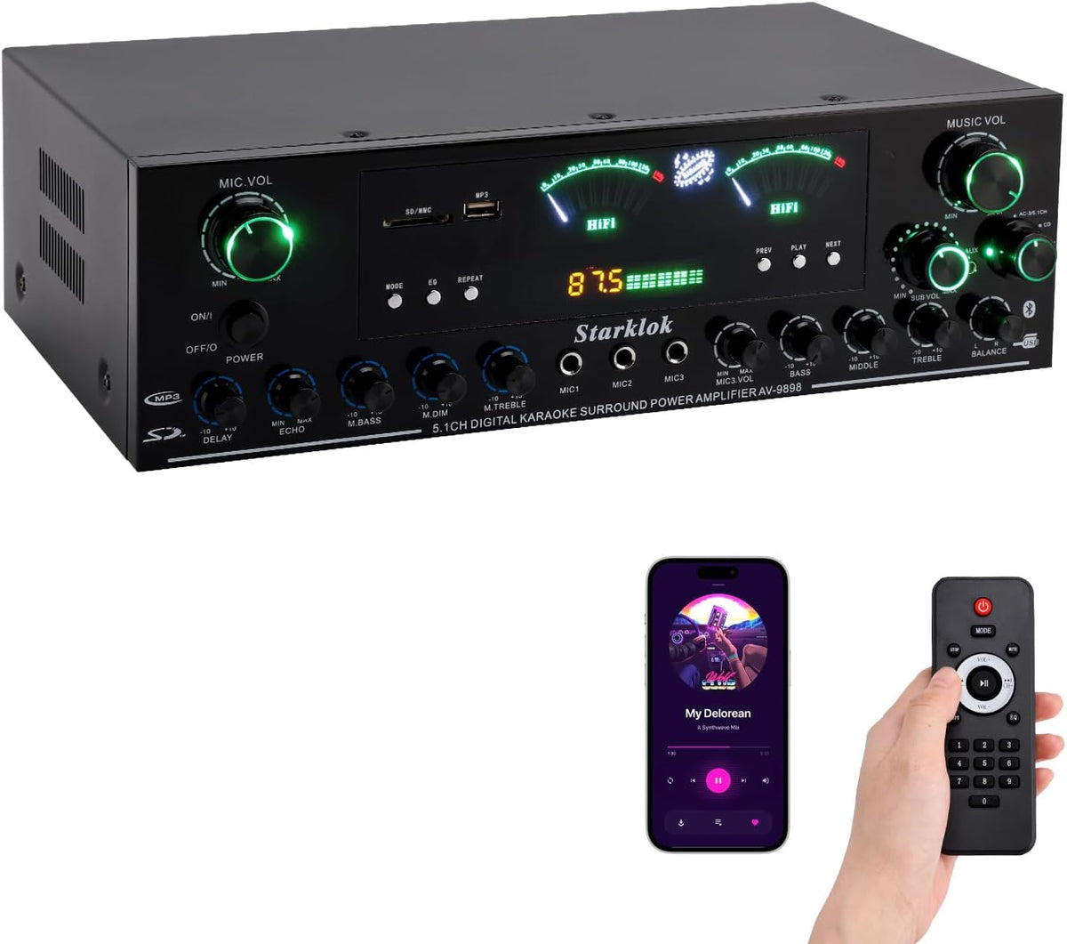 3000W Peak 5.1-Channel Home Audio Power Amplifier – HiFi Stereo Amplifier with Subwoofer, 3 Microphone Inputs, USB/SD