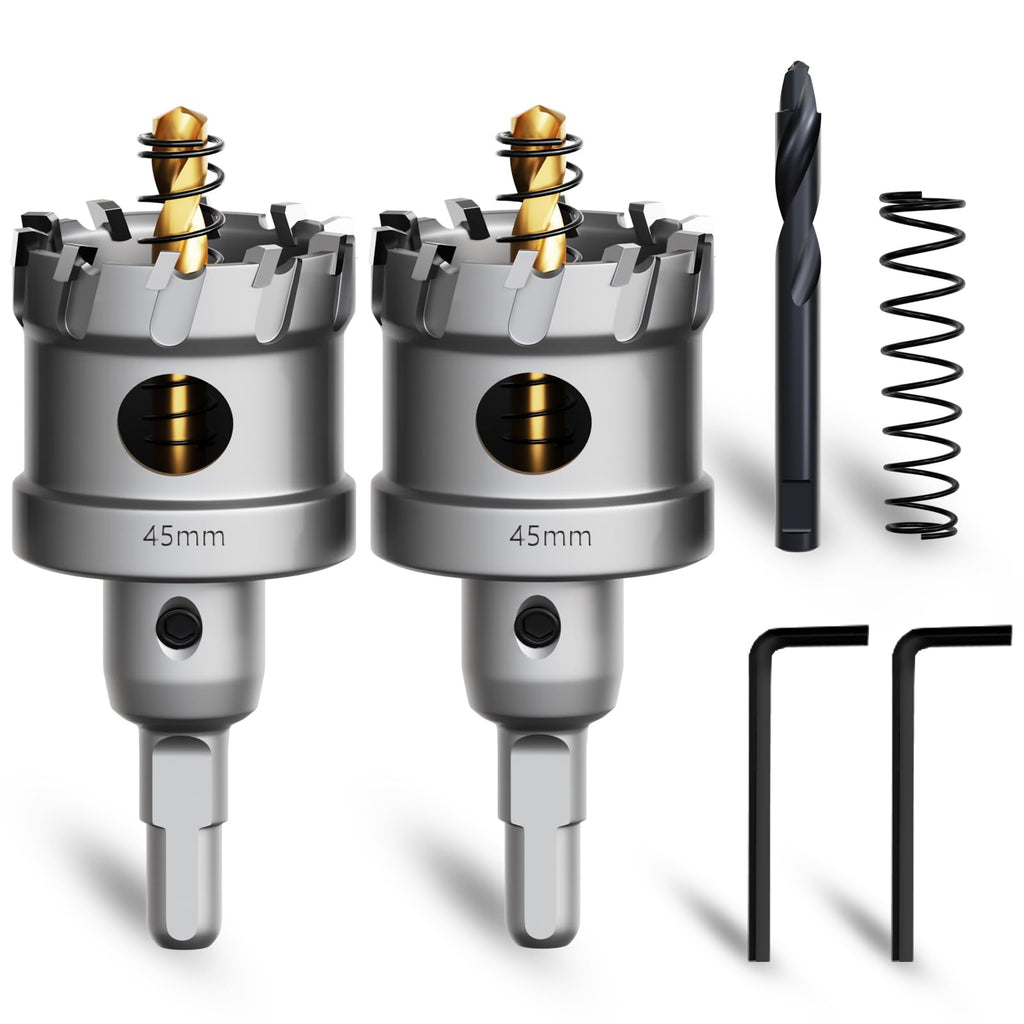 METOTY Metal Hole Saw 1-3/4''(45mm) 2Pcs Set Heavy Duty Tungsten Carbide Tipped Hole Cutters Set with a nitrided Step Drill and L-flench, for Steel Iron,Aluminum,Stainless stell,Plastic