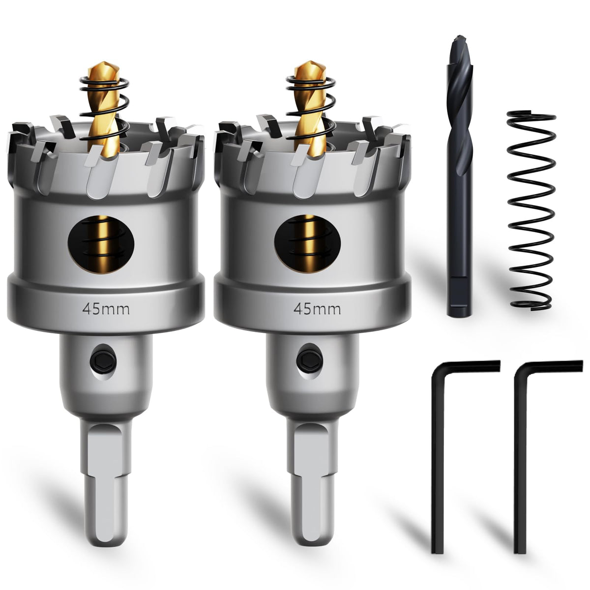 METOTY Metal Hole Saw 1-3/4''(45mm) 2Pcs Set Heavy Duty Tungsten Carbide Tipped Hole Cutters Set with a nitrided Step Drill and L-flench, for Steel Iron,Aluminum,Stainless stell,Plastic
