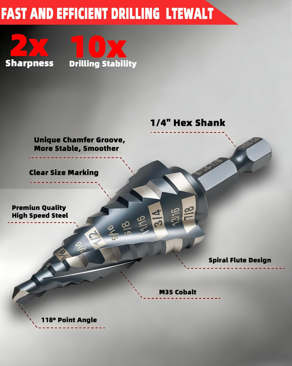 9 PCS M35 Cobalt 4‑Flute Step Drill Bits, Hex Unibit with Center Punch