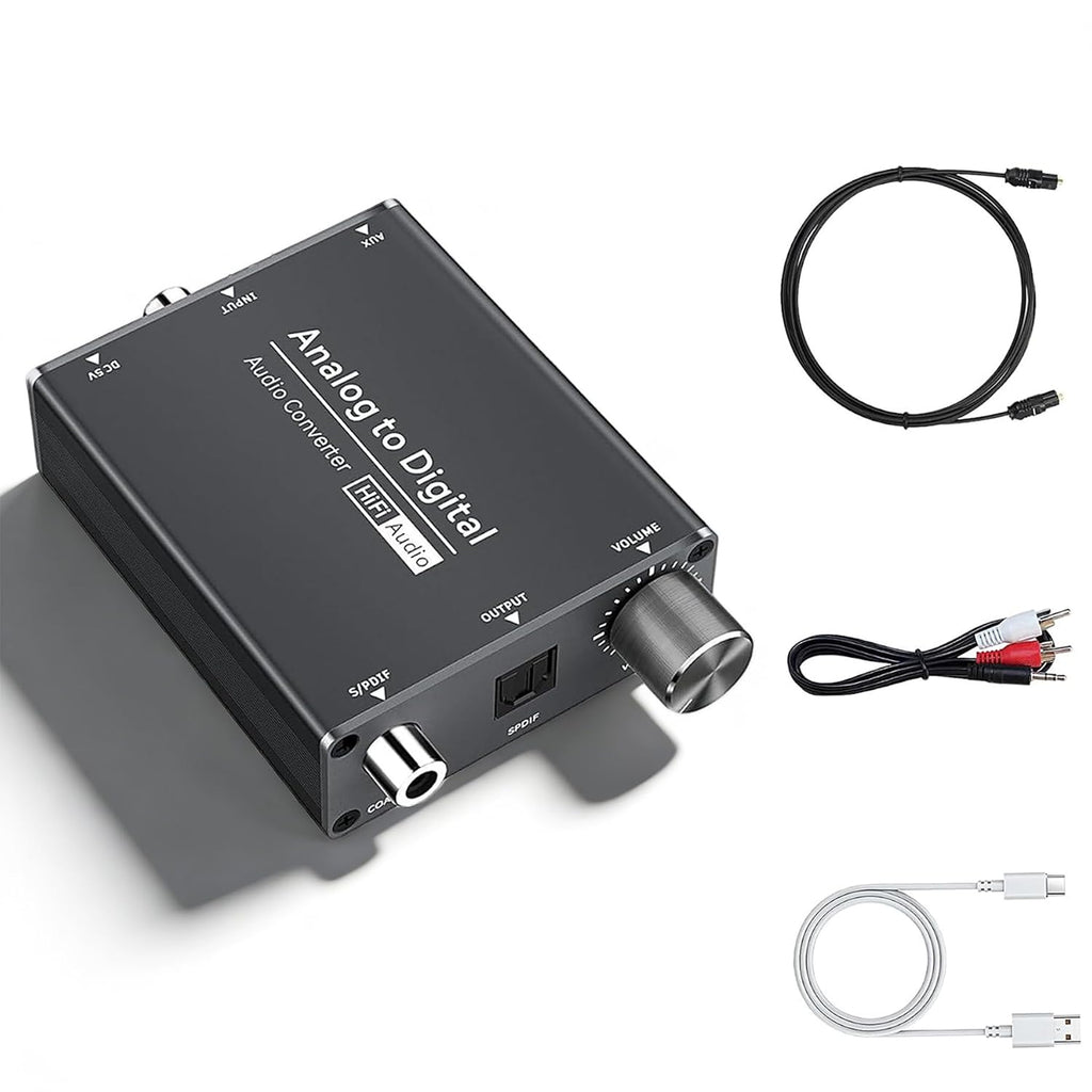 Analog to Digital Audio Converter, RCA to Optical | 3.5mm AUX Jack Toslink, Coaxial Adapter, Adjustable Volume, w/