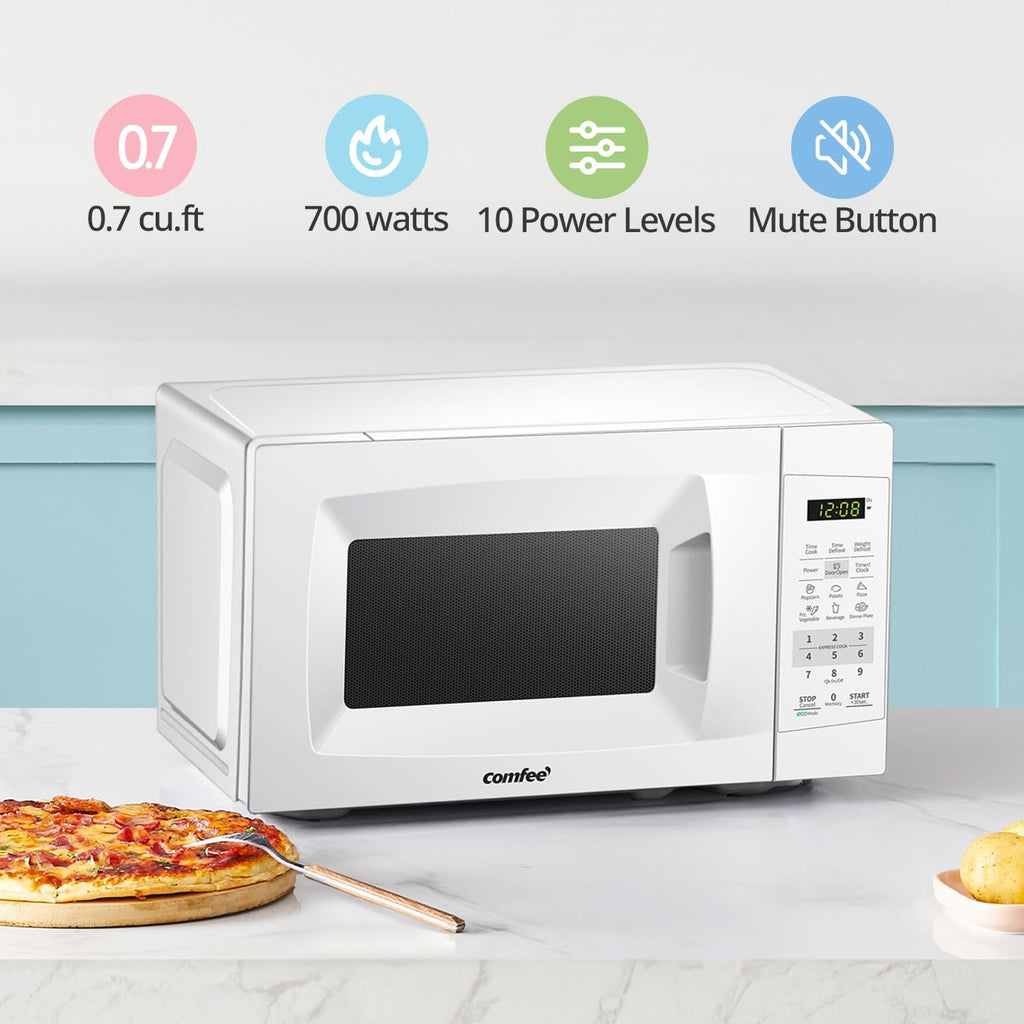 Countertop Microwave Oven, 0.7 Cu.Ft, 700W,Pearl White, ECO Mode | Sound On/Off, One-Touch Buttons, Child Lock