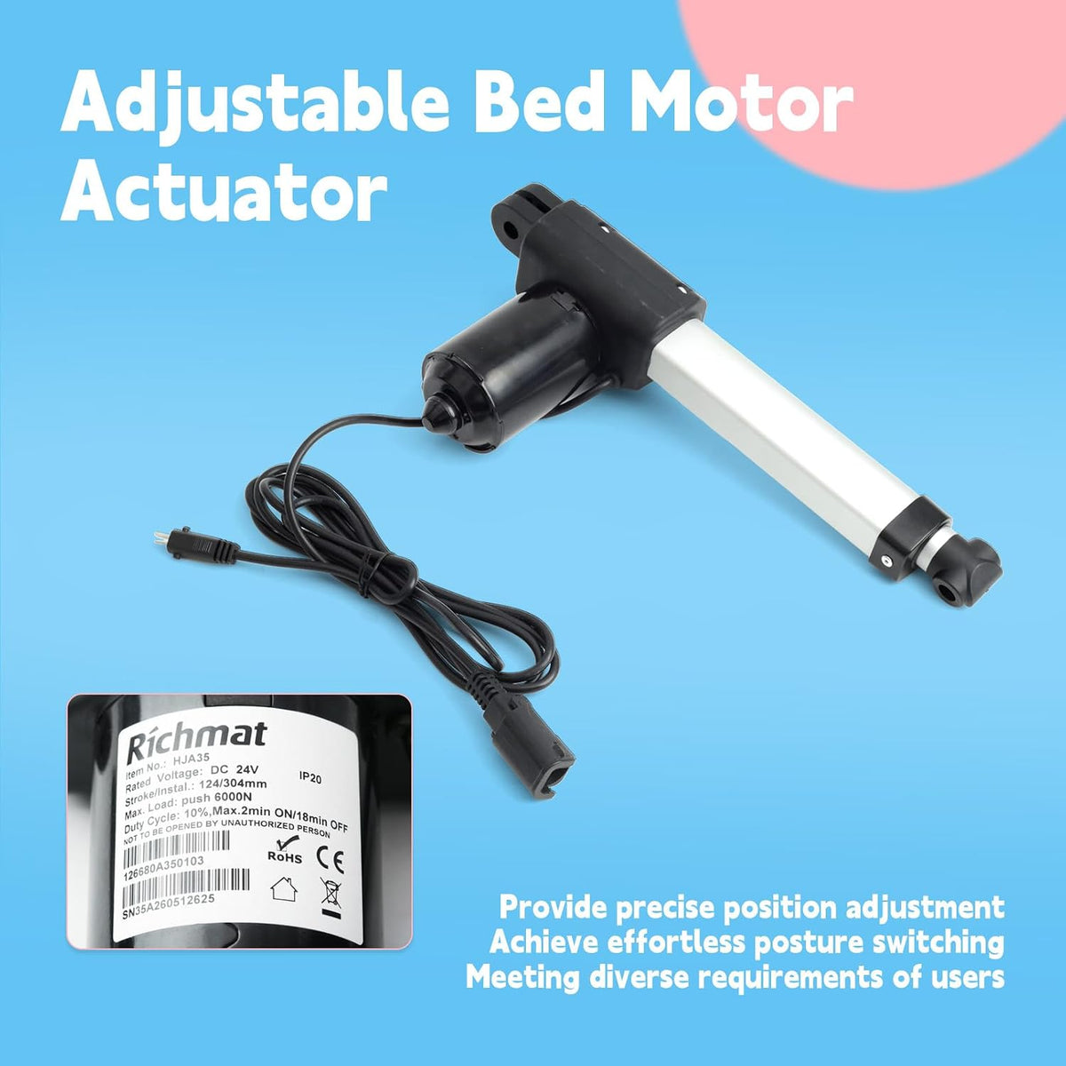 HJA35 Adjustable Bed Actuator Motor Compatible with Richmat Control System Replacement for Richmat Lift Chair Actuator Assembly with Plug Connector, Electric Recliner Accessories