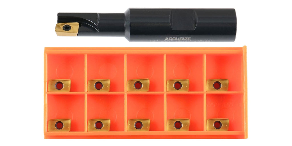 Accusize Industrial Tools 1/2" 90° Square Shoulder Indexable End Mill w/ 10 add'l APKT11T308 Inserts, 5/8" Shank, 3-1/4" OAL, 0.433" ap, 1 Flute, APKT11T308, Carbide Insert, 0056-0913+0056-1130