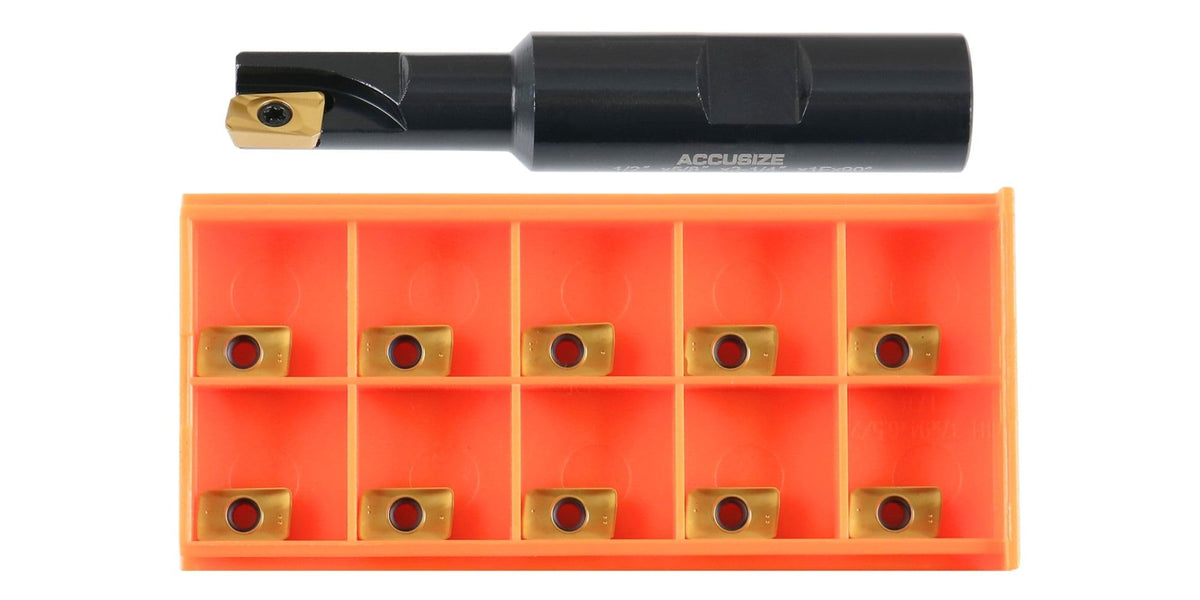 Accusize Industrial Tools 1/2" 90° Square Shoulder Indexable End Mill w/ 10 add'l APKT11T308 Inserts, 5/8" Shank, 3-1/4" OAL, 0.433" ap, 1 Flute, APKT11T308, Carbide Insert, 0056-0913+0056-1130