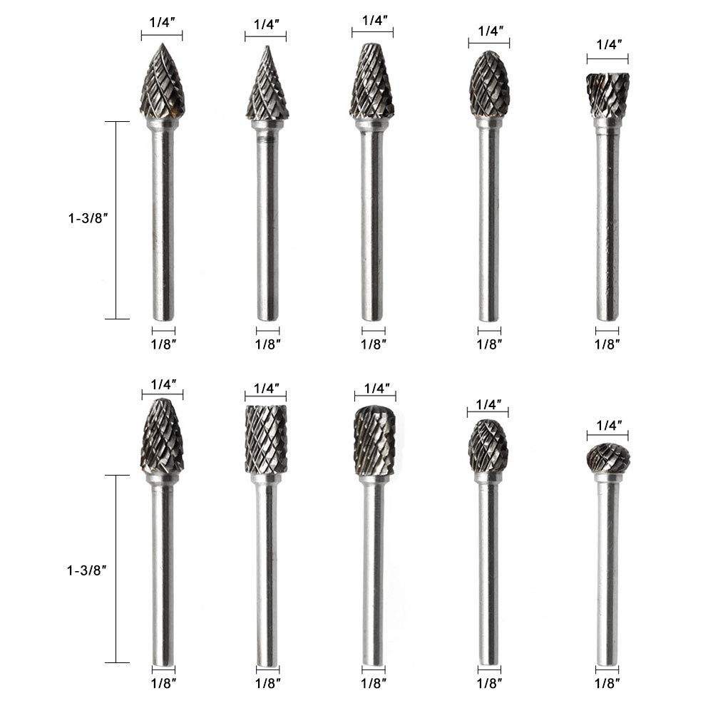 JESTUOUS Carbide Burr Set 1/8 Inch Shank with 1/4 Head Double Cut 10pcs