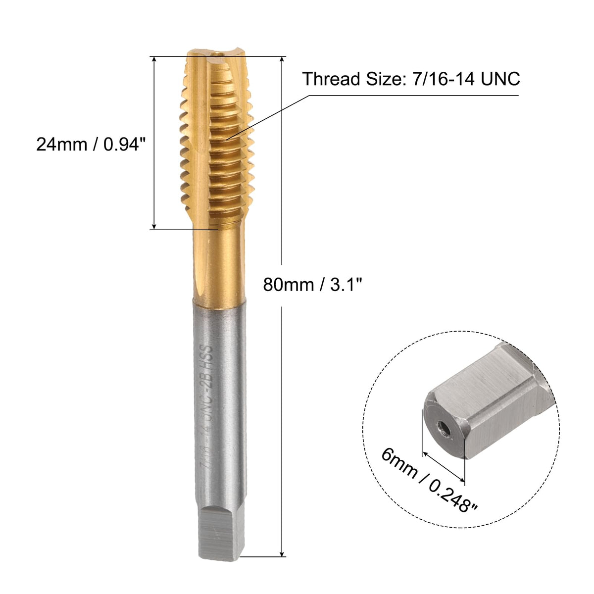 uxcell 7/16-14 UNC B2 Spiral Point Thread Tap, Screw Tap Threading Tapping Tool, Titanium Coated 6542 High Speed Steel Machine Taps Tapping Bit