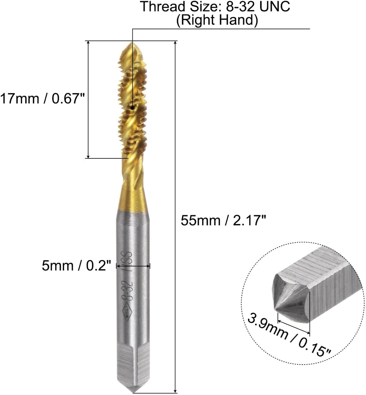 uxcell 2pcs Spiral Flute Thread Taps, 8-32 UNC H2 Screw Threading Tap, Titanium Coated 6542 High Speed Steel Machine Tapping Tools for Machinist Repair