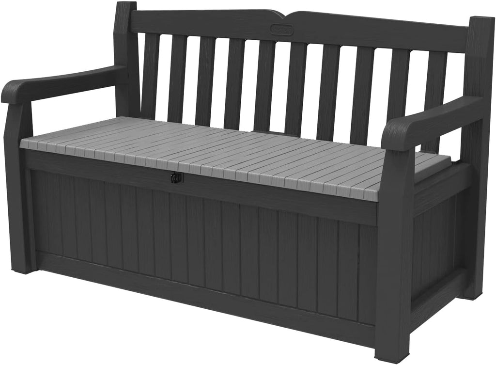 Keter Solana 70 Gal Outdoor Storage Bench for Patio and Pool Accessories | Grey, Resin, Seating, Weatherproof