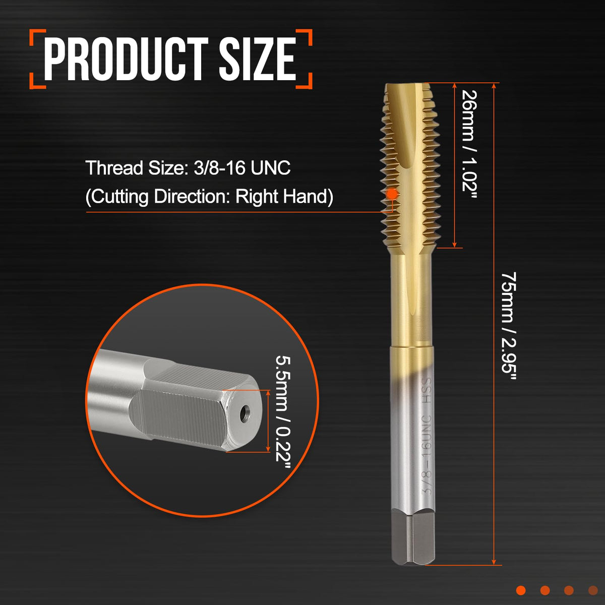 Workkyma 3/8-16 UNC Spiral Point Tap M2 High Speed Steel JIS Standard