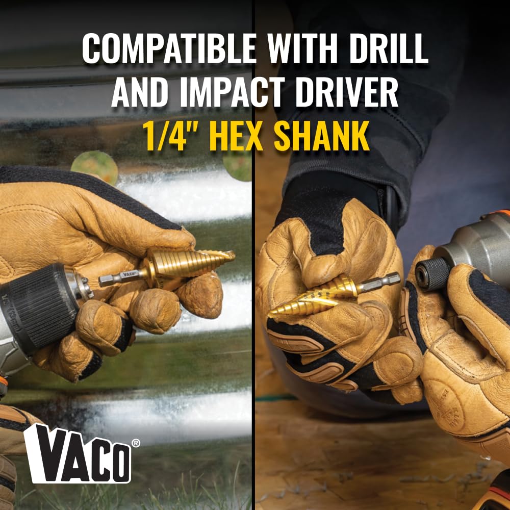 Klein Tools 25964 Step Drill Bit, 1/8 to 1/2-Inch, Spiral Double-Fluted, Cuts Thin Metal, Plastic, Aluminum, Wood, 1/4-Inch Hex Shank, VACO